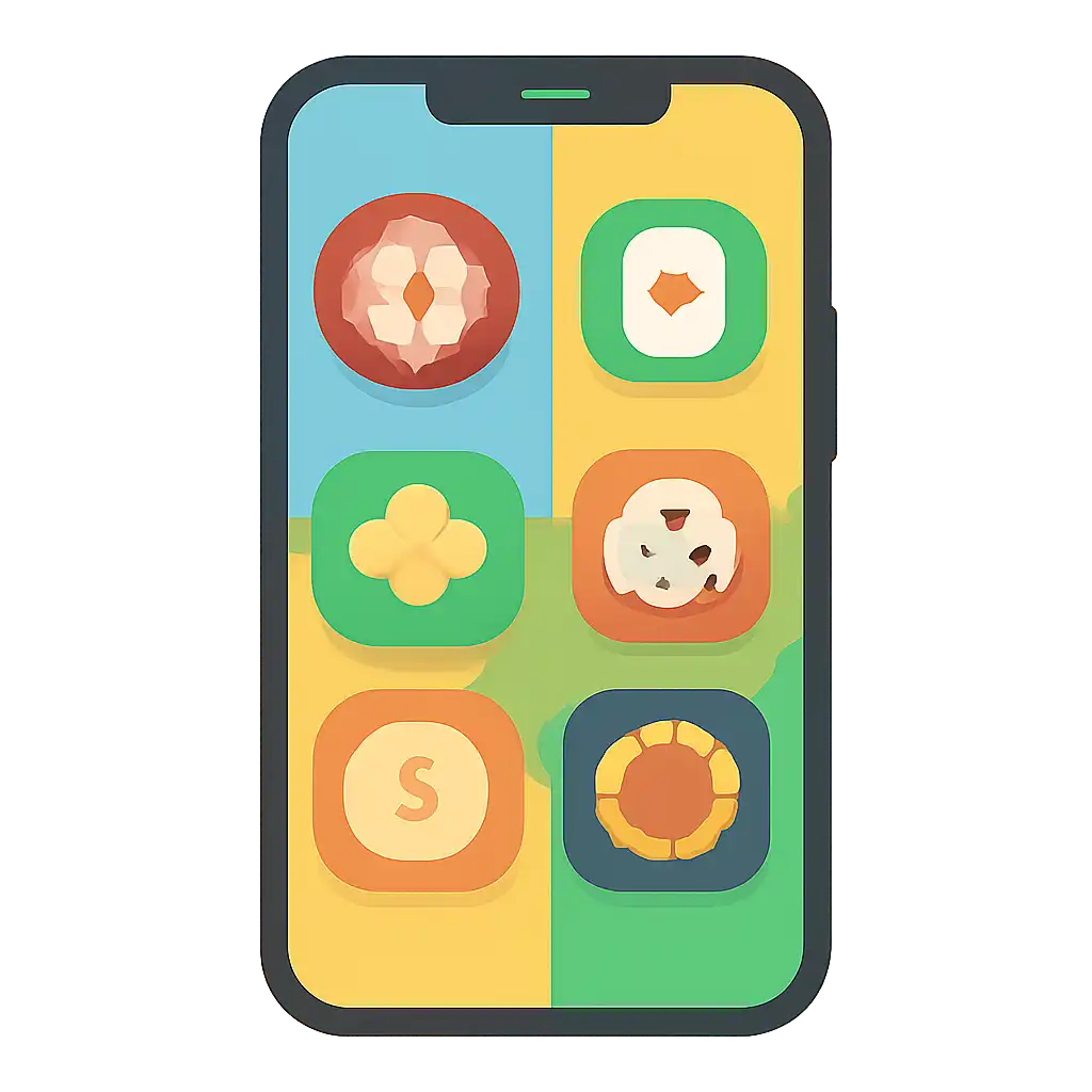 Smartphone shown from the front displaying a colourful flat layout of abstract game icons and rounded tiles, Roulette Game
