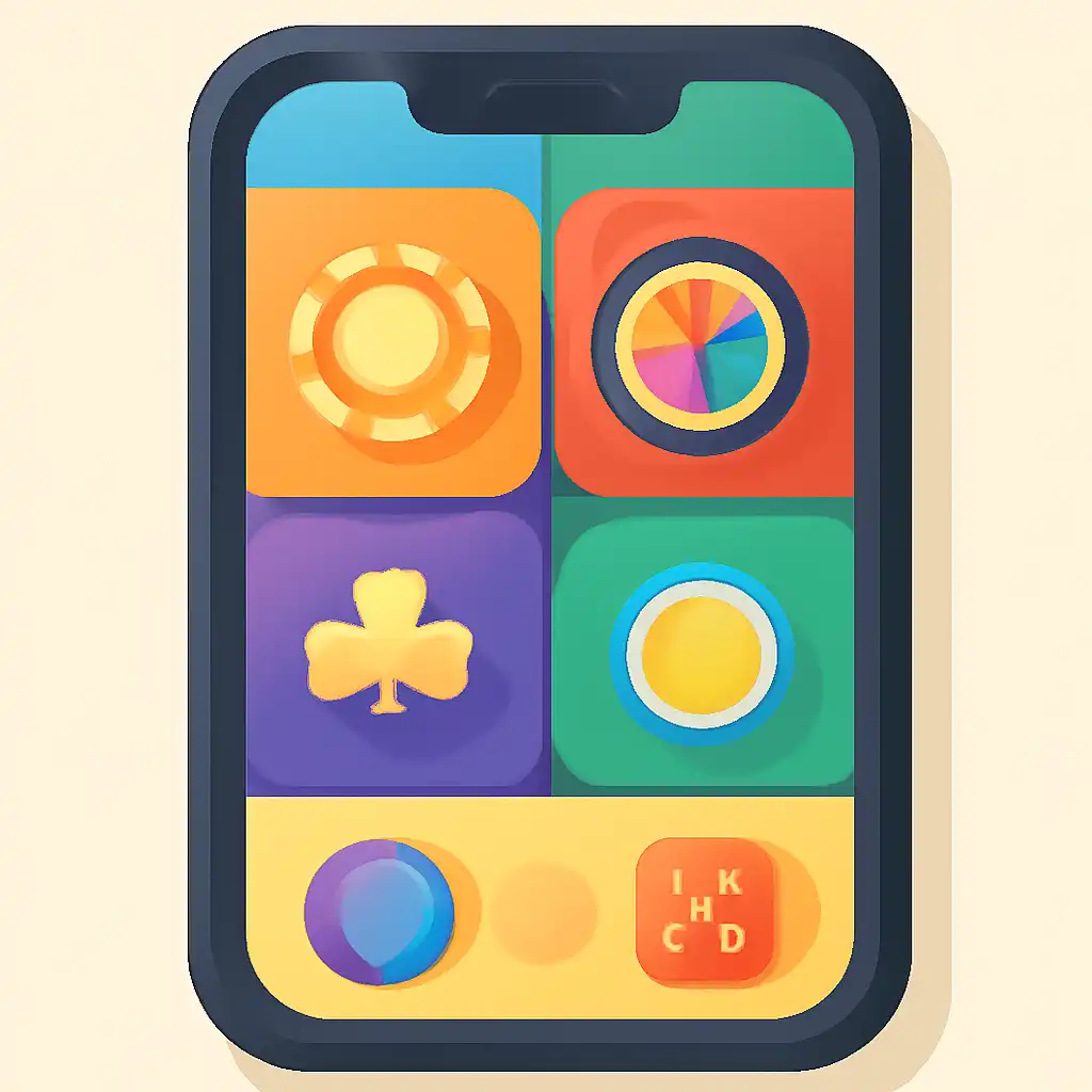 Smartphone shown from the front displaying a colourful flat layout of abstract game icons and rounded tiles, How to Play