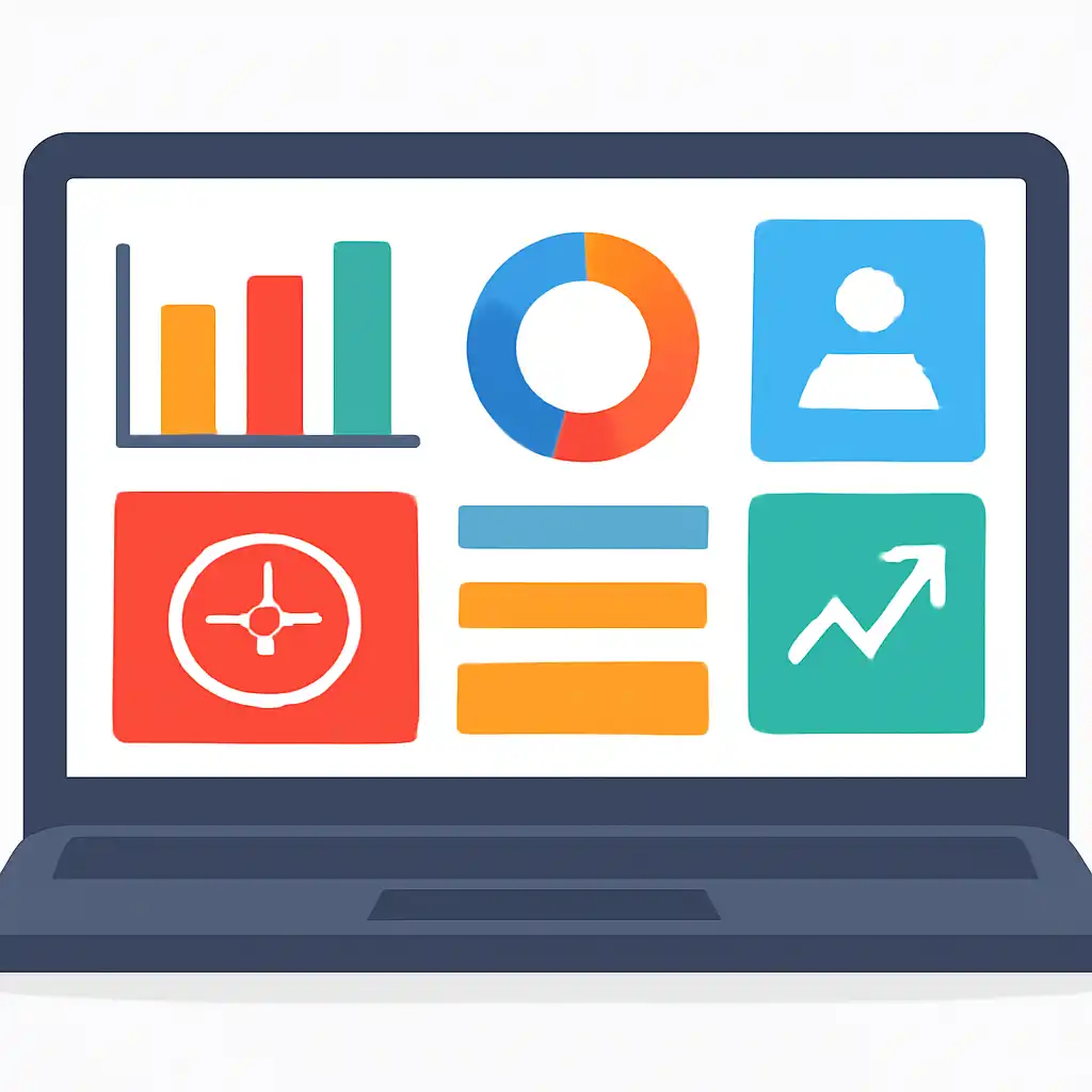 Laptop shown from the front displaying a colourful flat dashboard of abstract charts, bars and icon tiles, How to Play