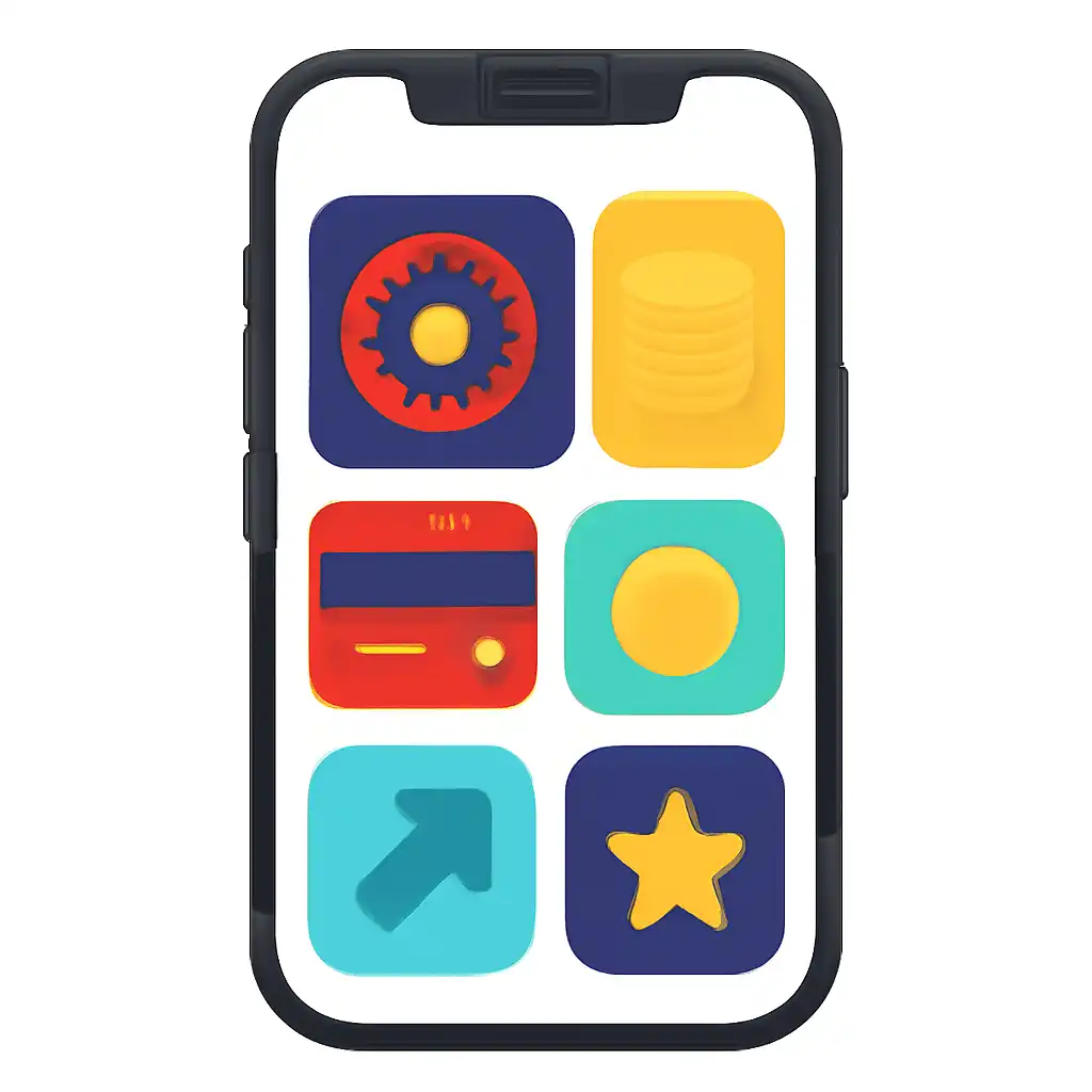 Smartphone shown from the front displaying a colourful flat layout of abstract game icons and rounded tiles, Roulette Game