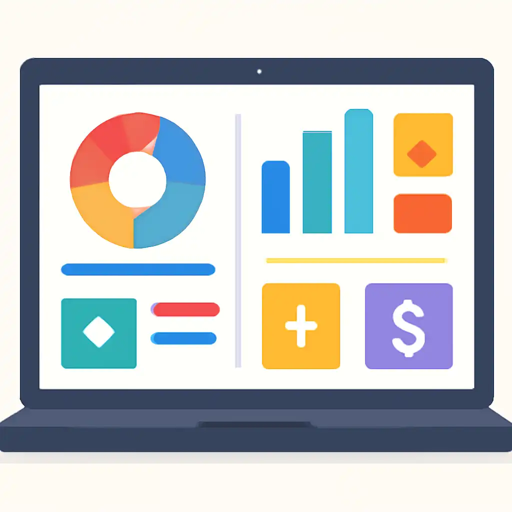 Laptop shown from the front displaying a colourful flat dashboard of abstract charts, bars and icon tiles, Roulette Game