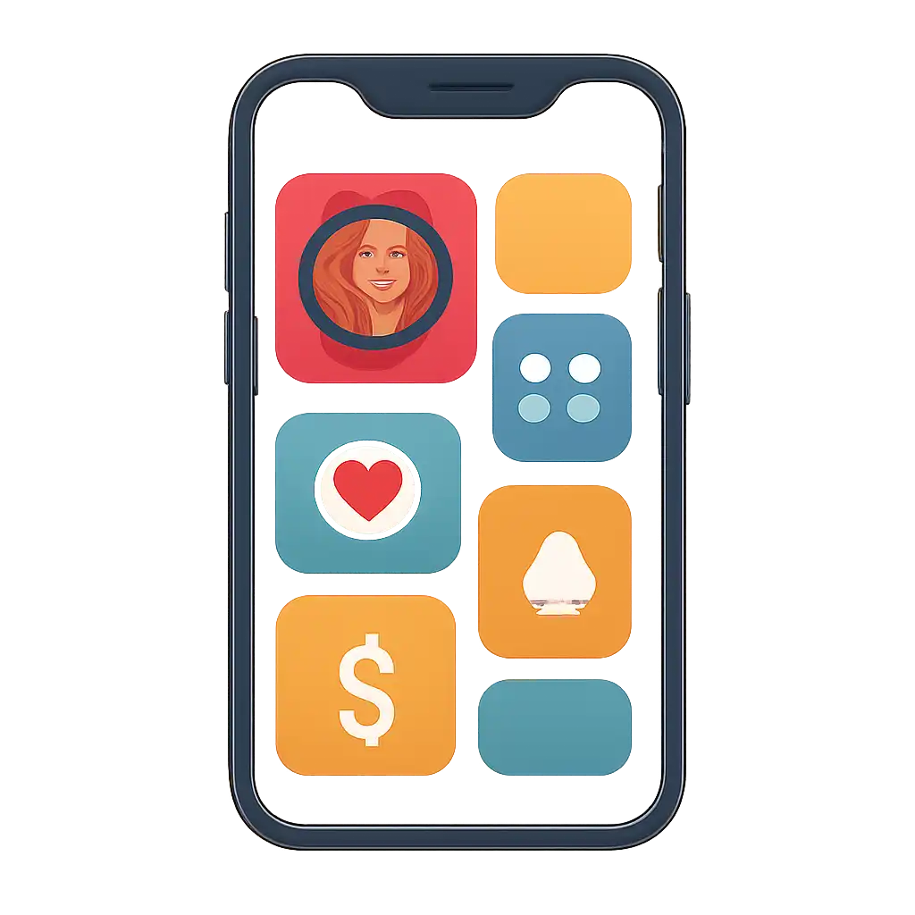 Smartphone shown from the front displaying a colourful flat layout of abstract game icons and rounded tiles, Roulette Game