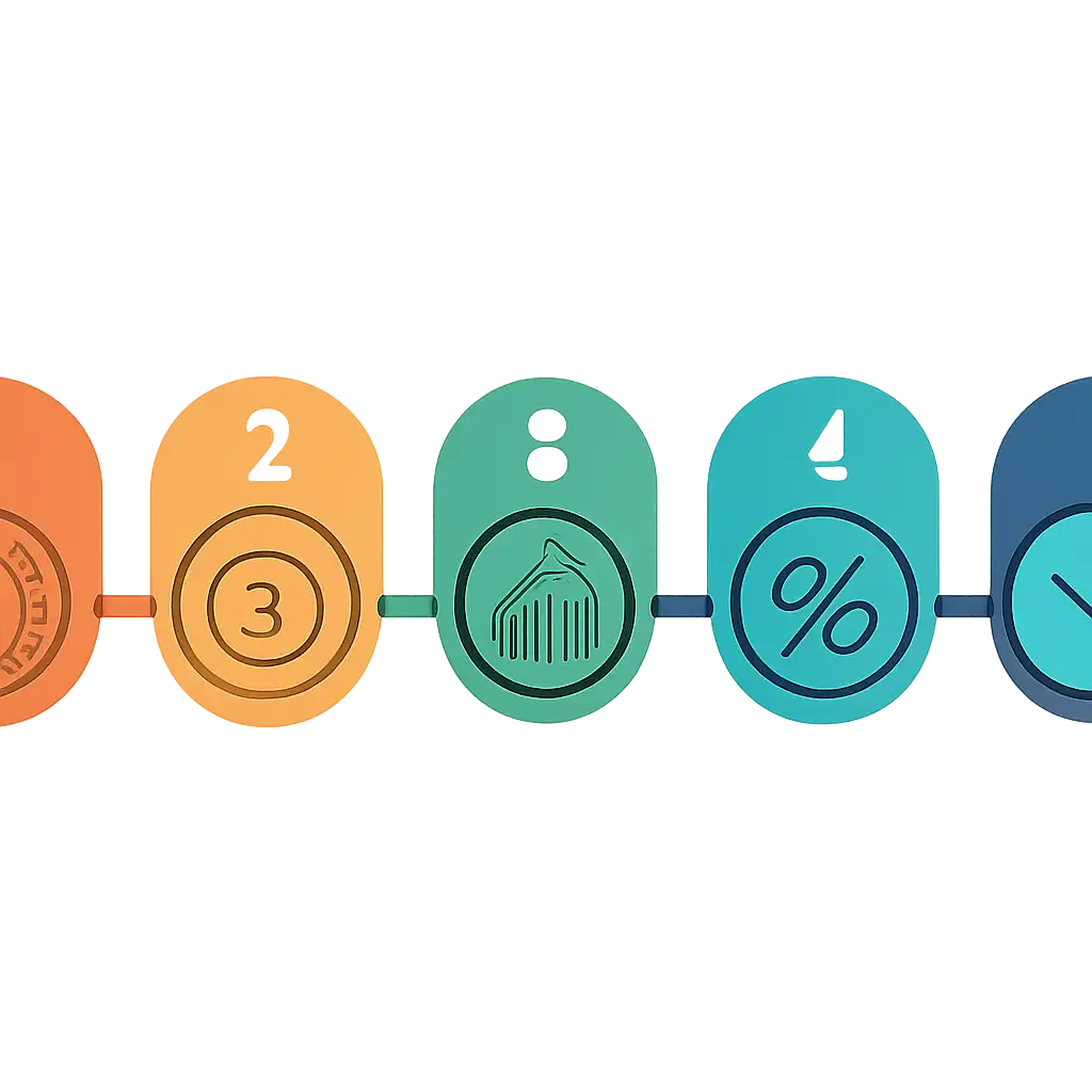 Five numbered circular icons connected by arrows in a horizontal flow, Roulette Game Odds, Payouts and House Edge steps