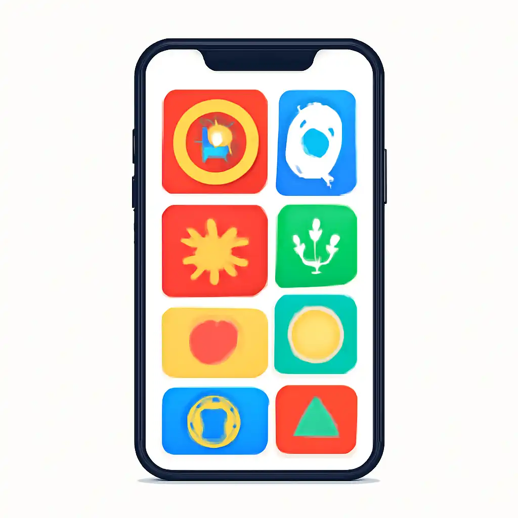 Smartphone shown from the front displaying a colourful flat layout of abstract game icons and rounded tiles, Roulette Game