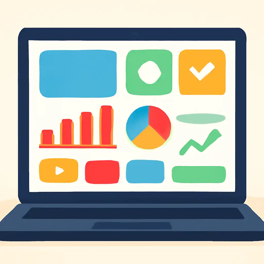 Laptop shown from the front displaying a colourful flat dashboard of abstract charts, bars and icon tiles, Roulette Game