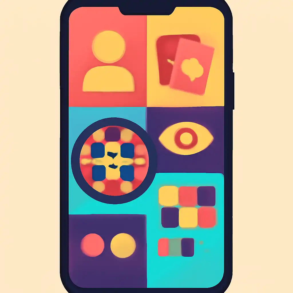 Smartphone shown from the front displaying a colourful flat layout of abstract game icons and rounded tiles, Live Dealer vs