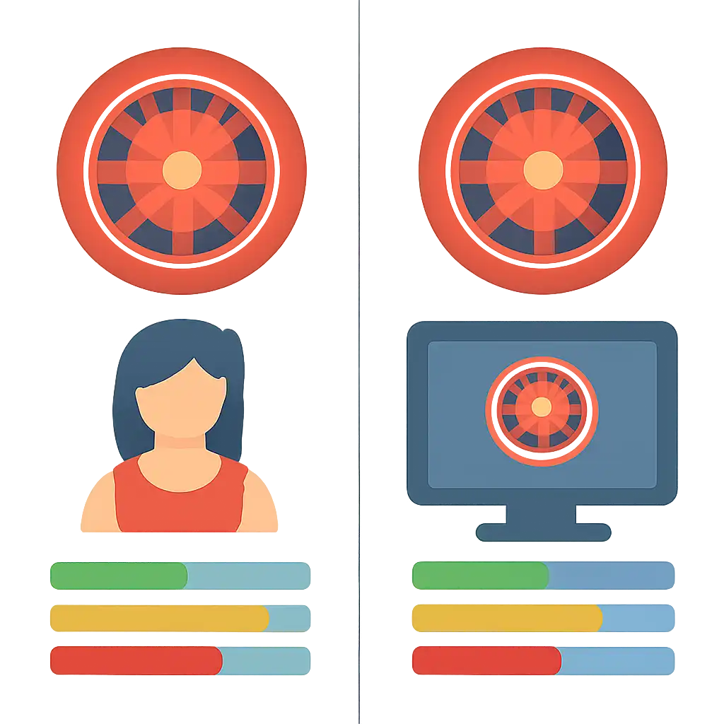 Infographic comparing options using coloured bars and, Live Dealer vs RNG Roulette Game Tables