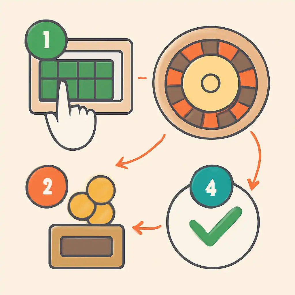 Annotated step diagram: practice mode process with numbered callouts, Roulette Game