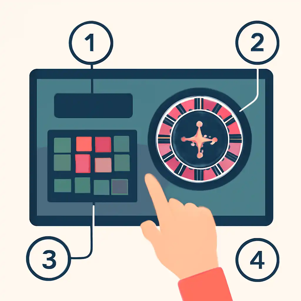 Annotated step diagram: reading the interface process with numbered callouts, Roulette Game